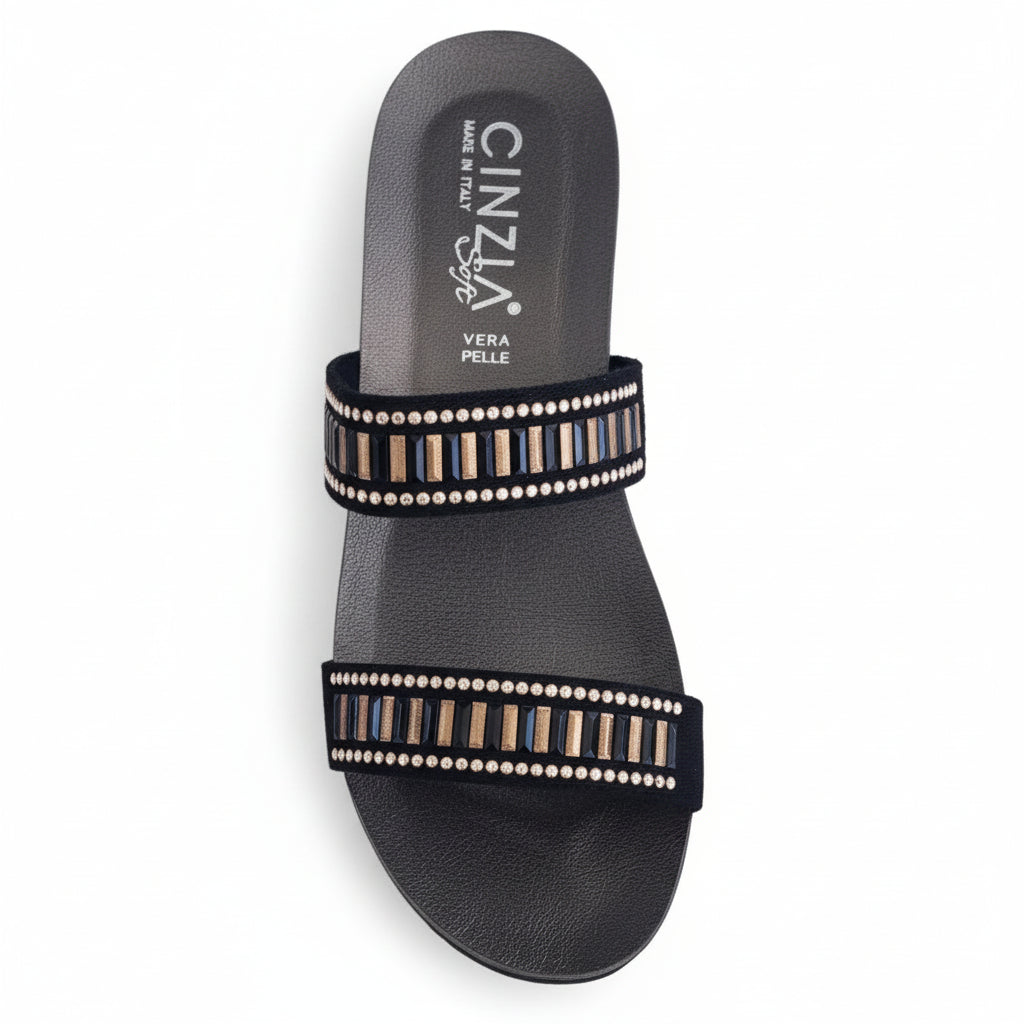 Ciabatte con zeppa Donna CinziaSoft 332 Nero con due fasce e decorazioni oro rosa