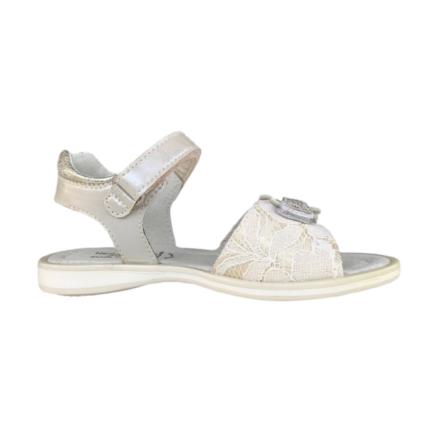 Sandali Bambina Eleganti in Pizzo, Colore Avorio, con Cinturino a Strappo