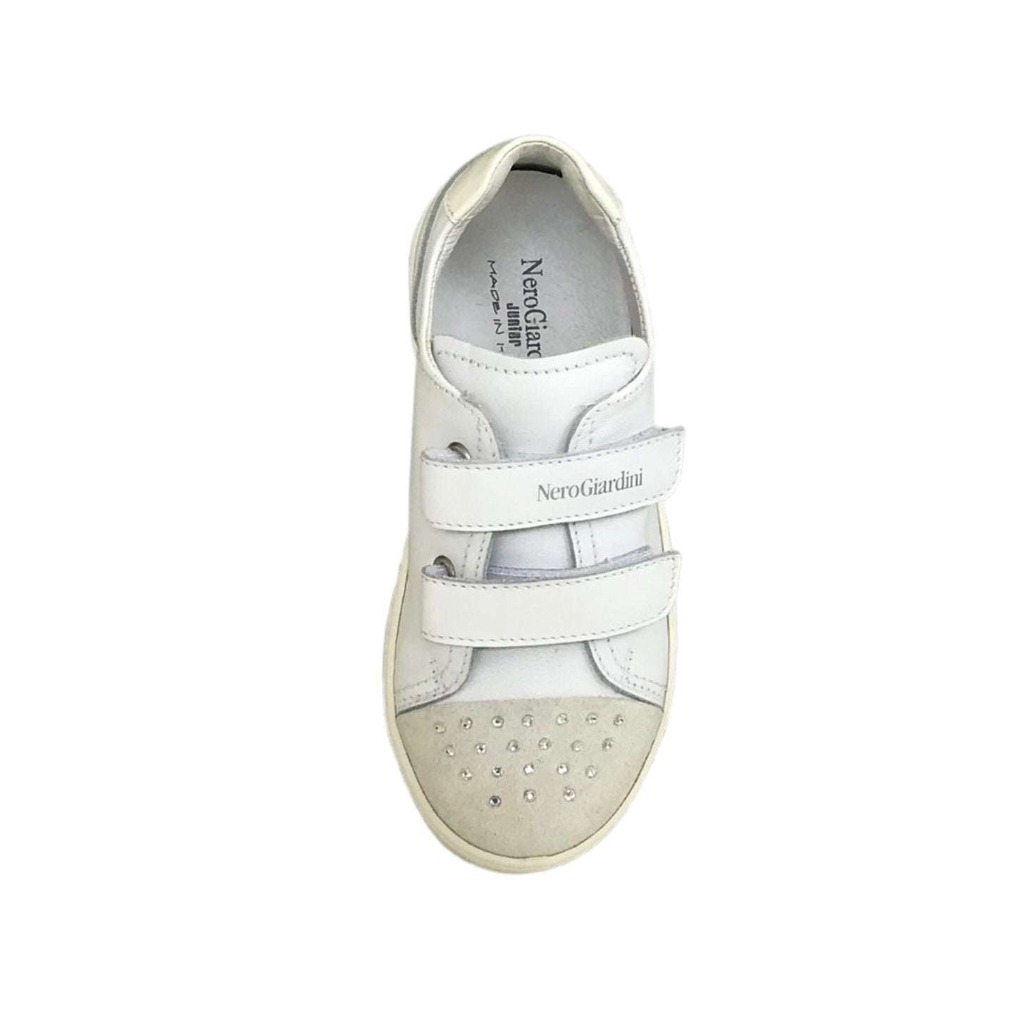 Scarpe Bambina, Chiusura a strappo, NeroGiardini, P327011F Bianco, Vera Pelle, Strass, 27 EU
