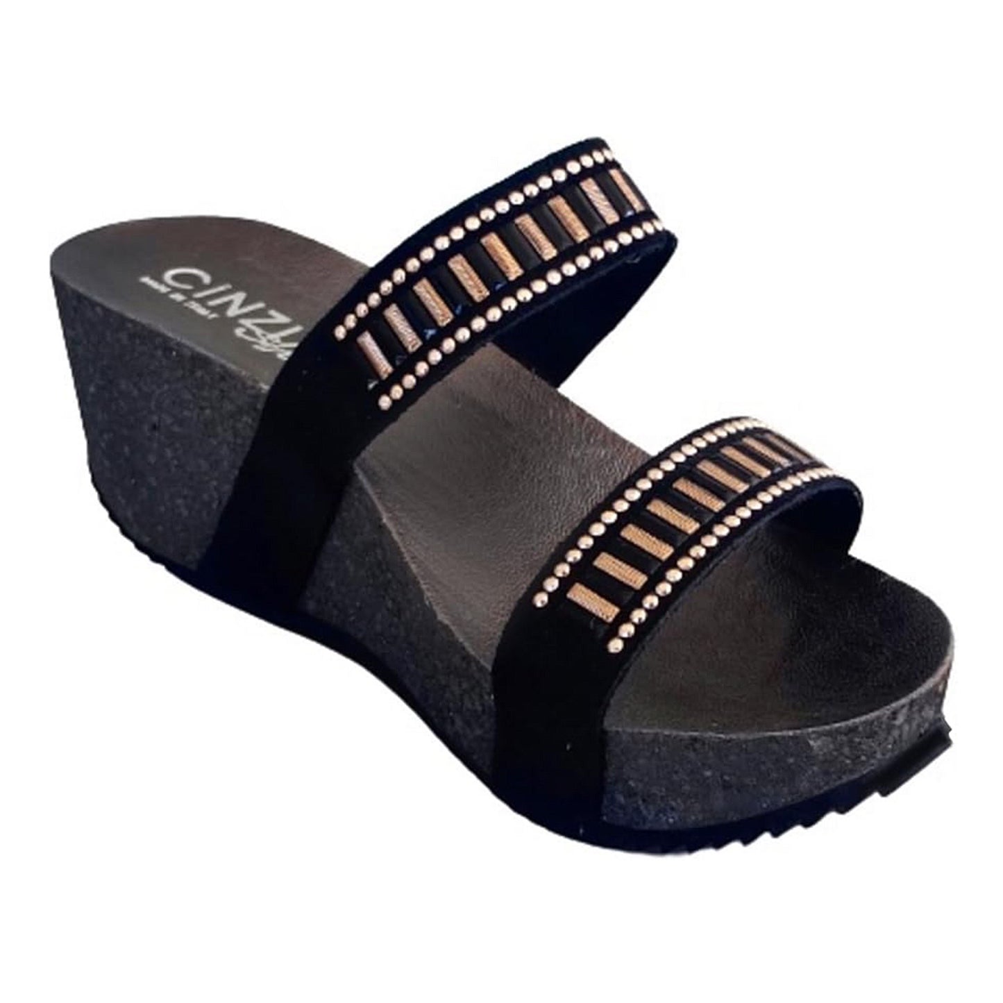 Ciabatte con zeppa Donna CinziaSoft 332 Nero con due fasce e decorazioni oro rosa
