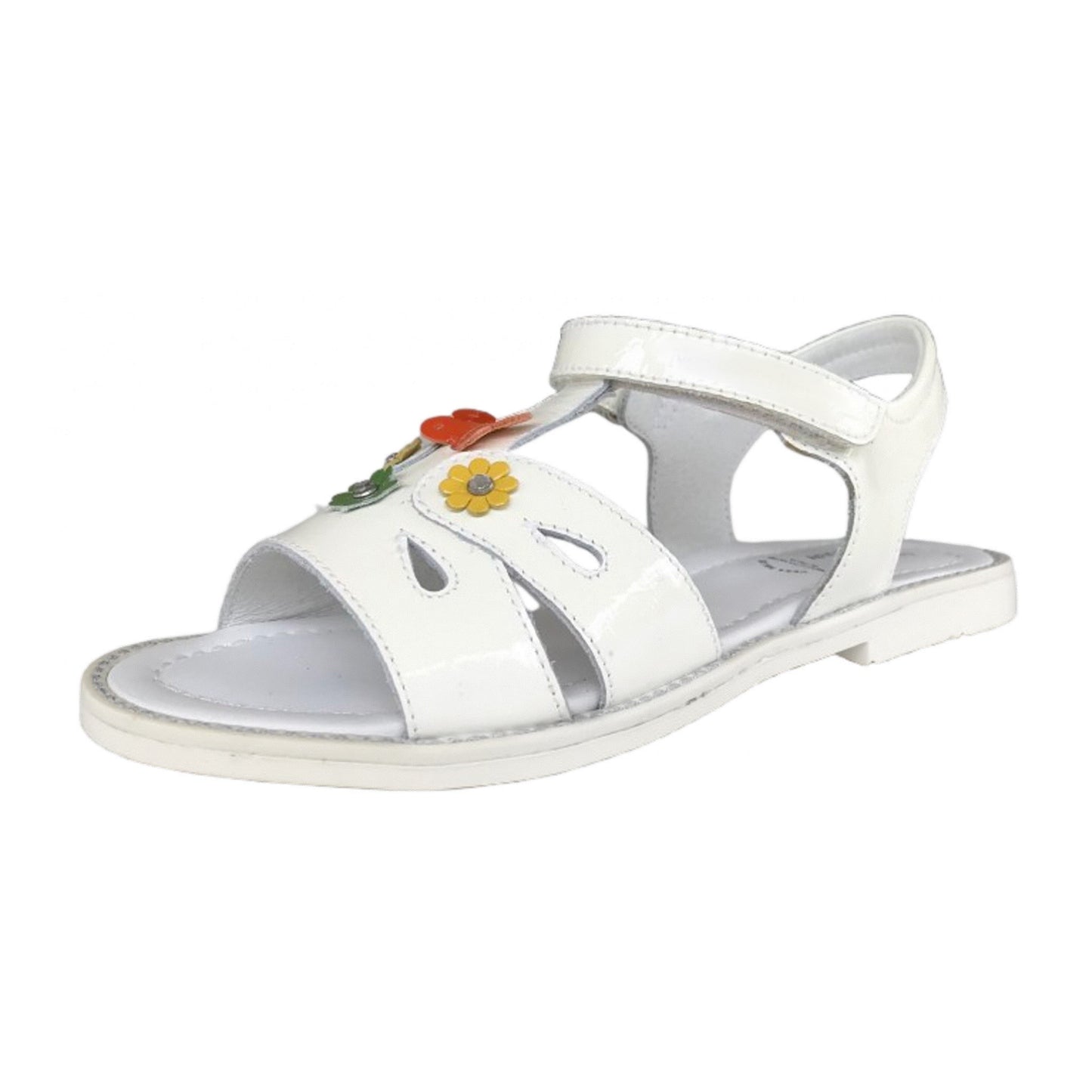 Sandali Bambina NeroGiardini in Pelle Verniciata, Bianco, con Decorazioni Floreali, Chiusura a Strappo