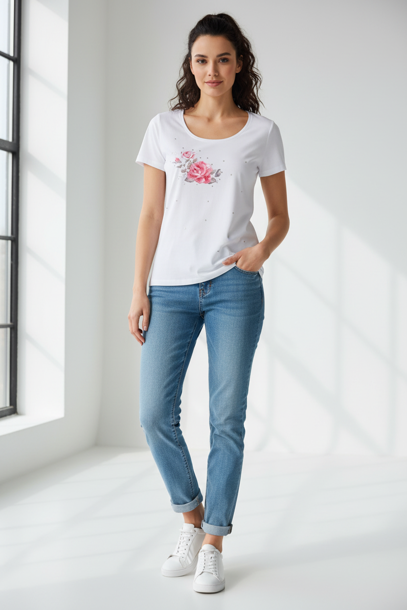 T-Shirt Donna NeroGiardini P561903D Bianco con rose ricamate