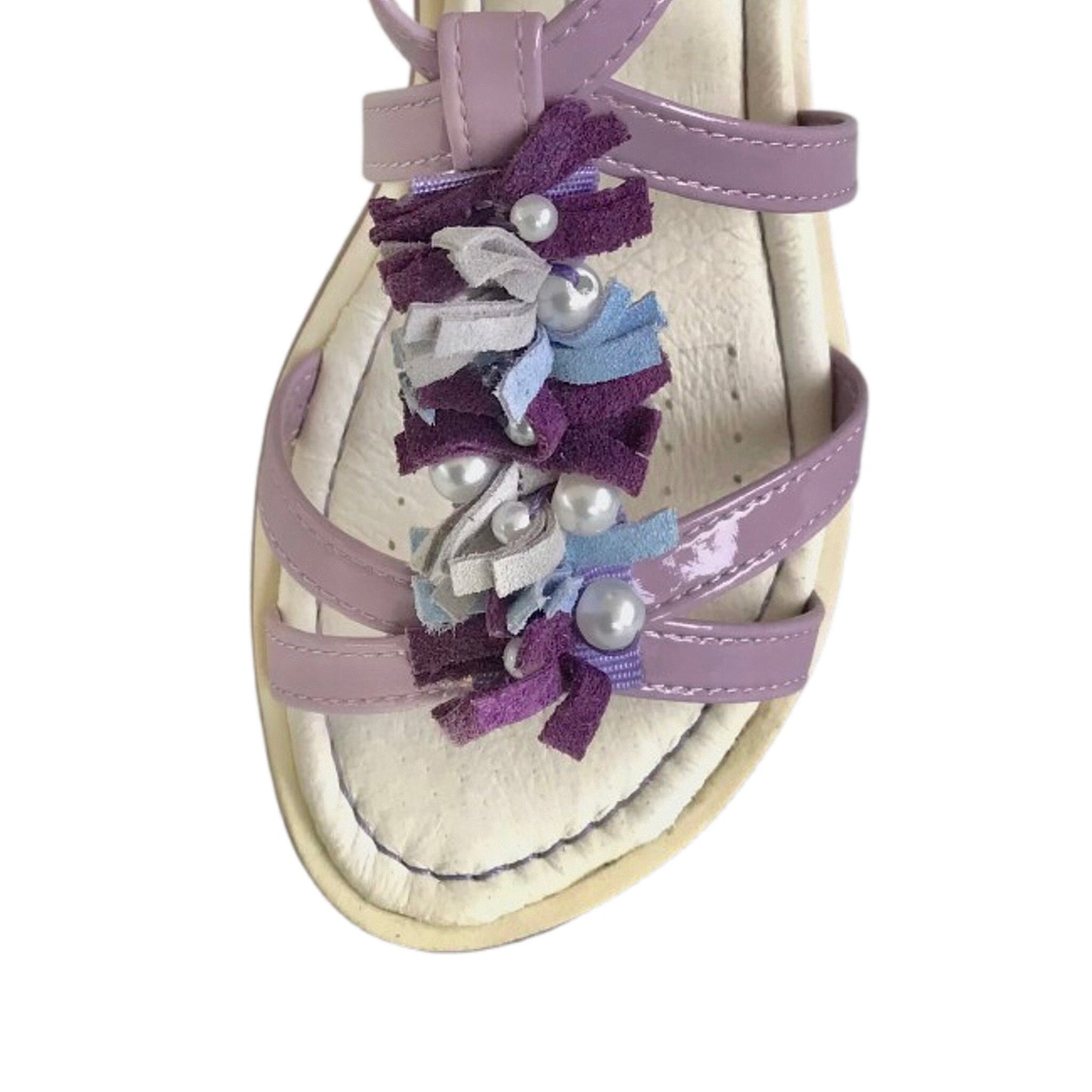 Sandali Bambina con Fiori e Perle, in Vera Pelle, Lilla, Cinturini Incrociati, Fibbia, Suola Comfort