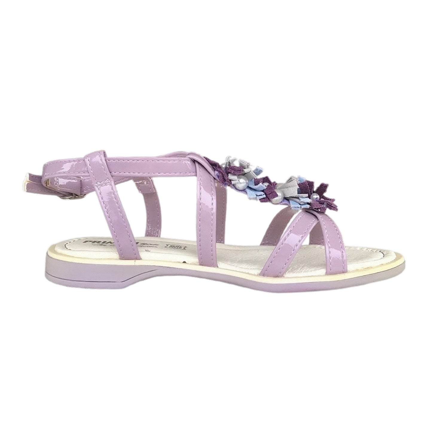 Sandali Bambina con Fiori e Perle, in Vera Pelle, Lilla, Cinturini Incrociati, Fibbia, Suola Comfort