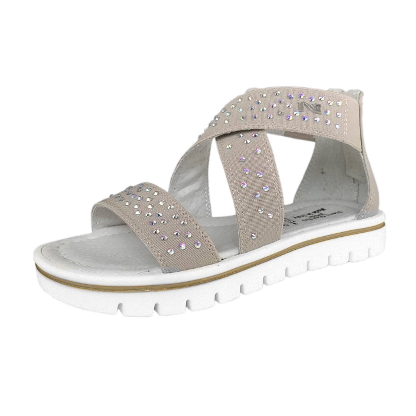 Sandali Bambina con Strass, Cinturino alla Caviglia, Platform, Chiusura Zip, Beige Sabbia