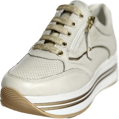 Sneakers Donna Cinzia Soft IV919575 Bianco Latte, Lacci e Zip Laterale, Vera Pelle, Fondo Platform, Dettagli Oro - Eleganti e Comode