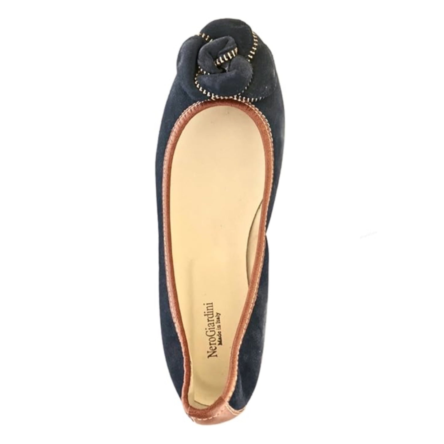 Ballerine NeroGiardini Tacco Basso Specchiato Vera Pelle Blu Cuoio con fiore