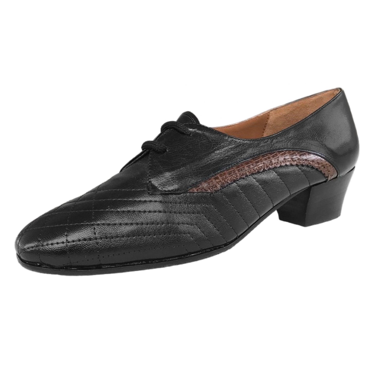 Scarpe Donna Lady Confort 1447, tacco 3 cm, Vera Pelle, Nero, riporto laterale color cuoio, con lacci - 35 EU