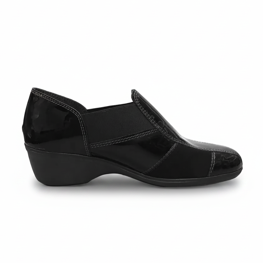 Sneakers Donna Cinzia Soft 651 - Zeppa 4 cm, Elastico Laterale, Vernice e Camoscio Nero