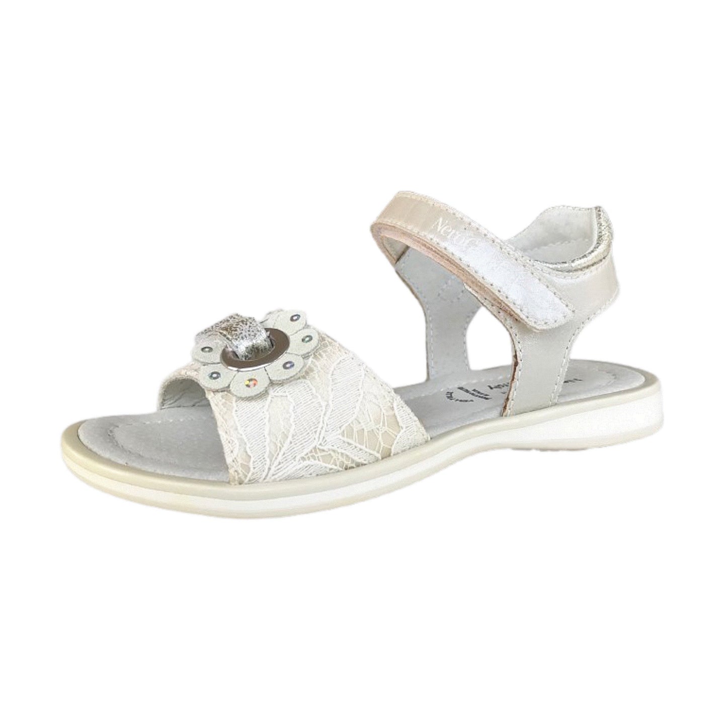 Sandali Bambina Eleganti in Pizzo, Colore Avorio, con Cinturino a Strappo