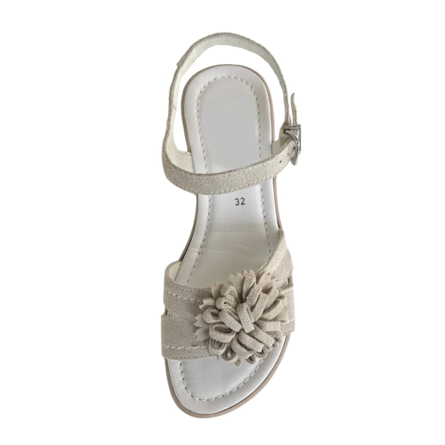 Sandali Bambina in Vera Pelle con Fiore Decorativo, Beige, Zeppa Comfort, 32 EU