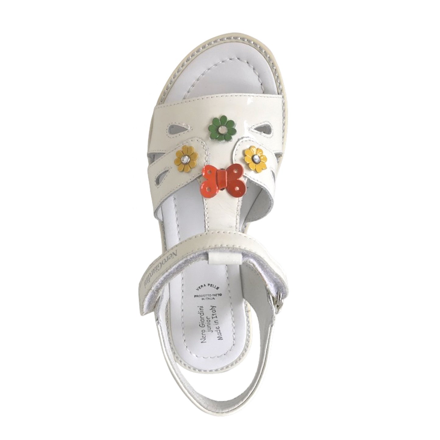 Sandali Bambina NeroGiardini in Pelle Verniciata, Bianco, con Decorazioni Floreali, Chiusura a Strappo