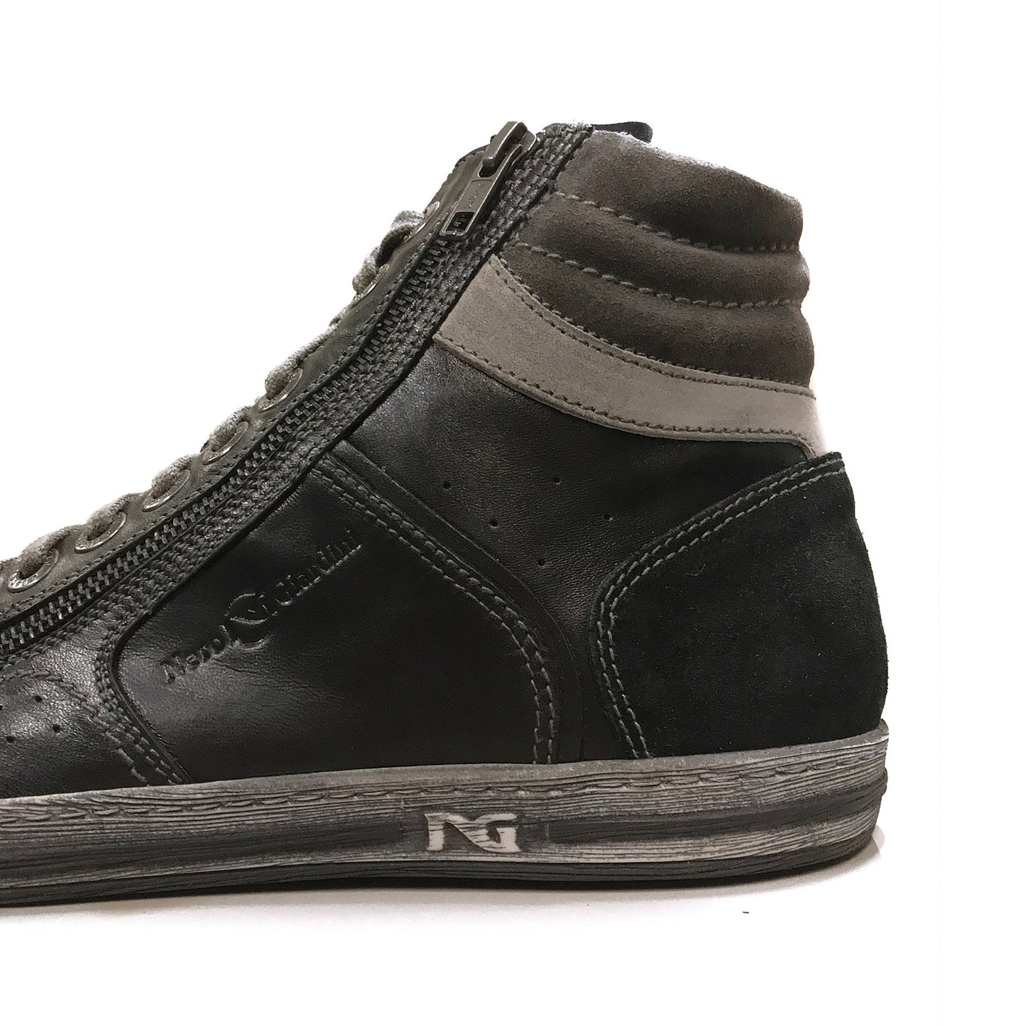 Sneakers Uomo NeroGiardini A201501U in Vera Pelle, Nero, Asfalto, Grigio con chiusura zip e lacci - Numero 43