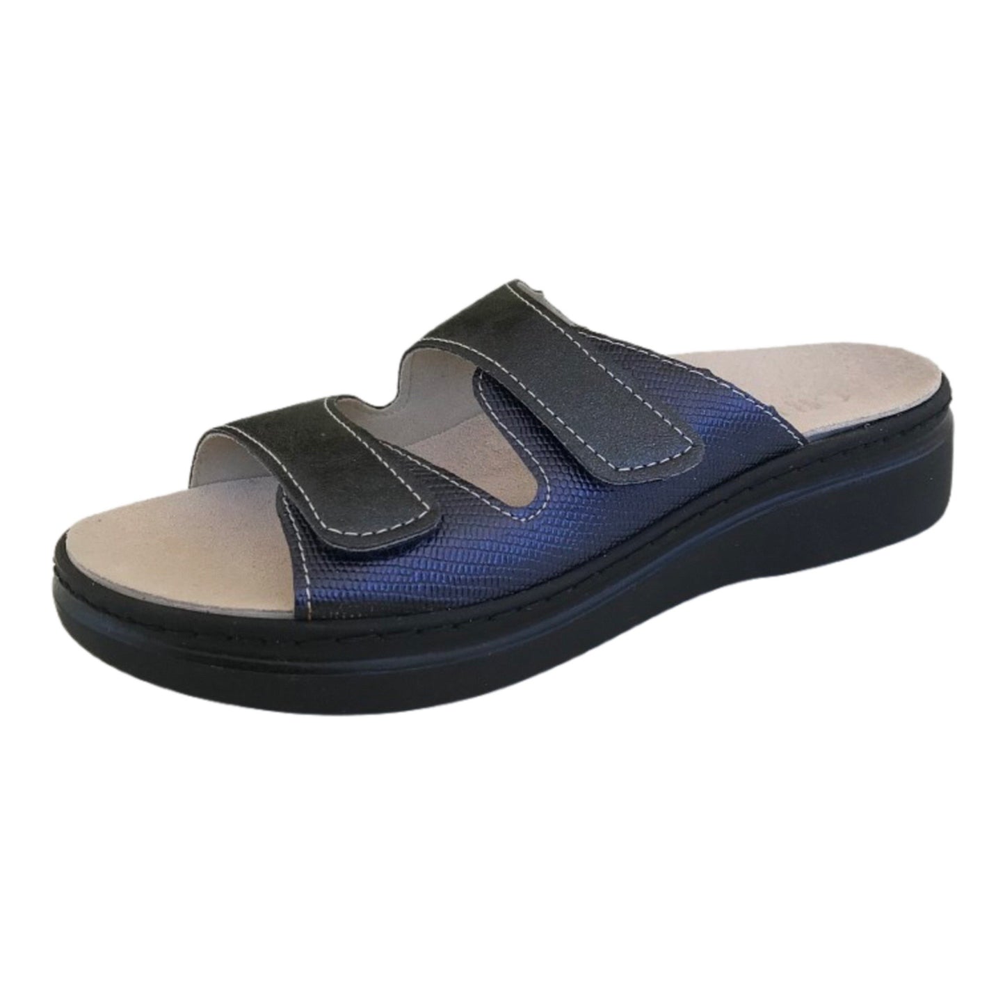 Ciabatte CinziaSoft MZK11 Doppio strap in vera pelle Blu con plantare estraibile