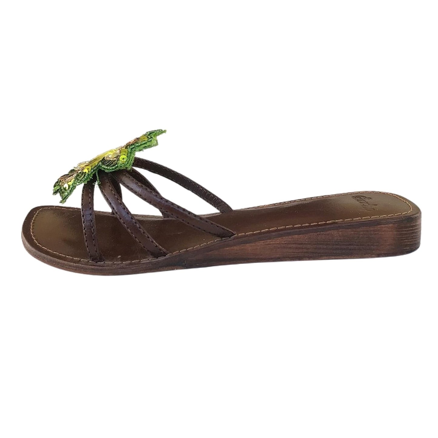 Ciabatte gioiello El Gaucho Brown con fior verde Vera Pelle Fondo Vero Cuoio
