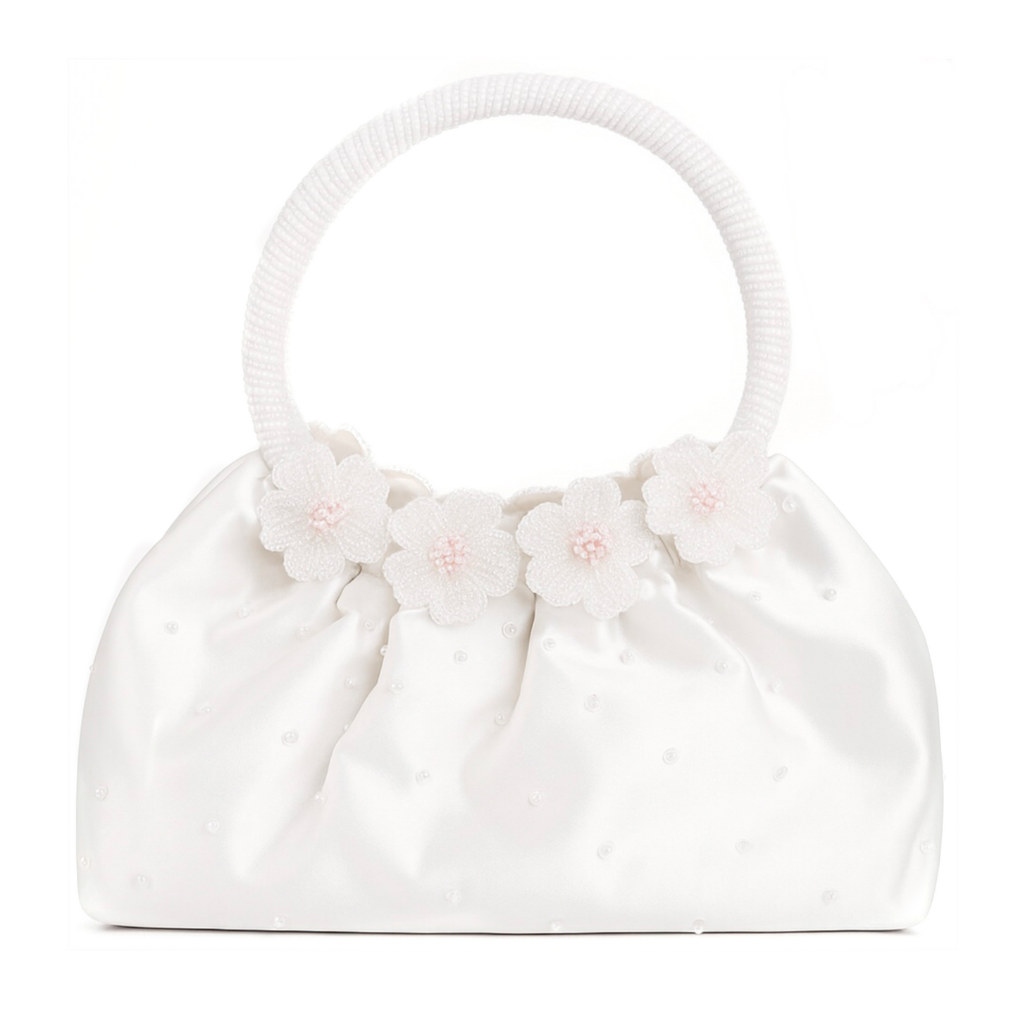 Pochette Albertario in Raso Bianco, Manico con perline, Decorazione floreale