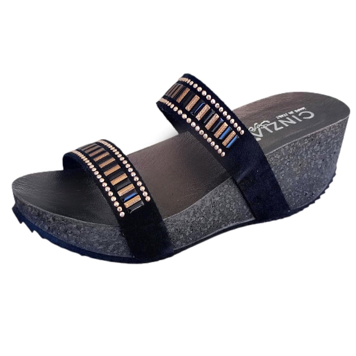 Ciabatte con zeppa Donna CinziaSoft 332 Nero con due fasce e decorazioni oro rosa