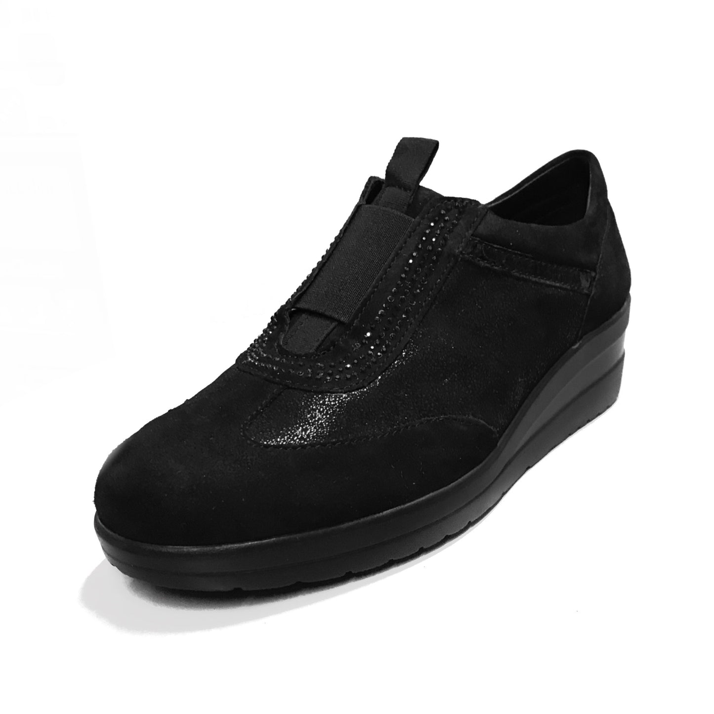 Sneakers Donna Cinzia Soft 235 - Vera Pelle Camoscio Laminata, Nero, Zeppa 4 cm, Elastico - Numero 39 (EU)