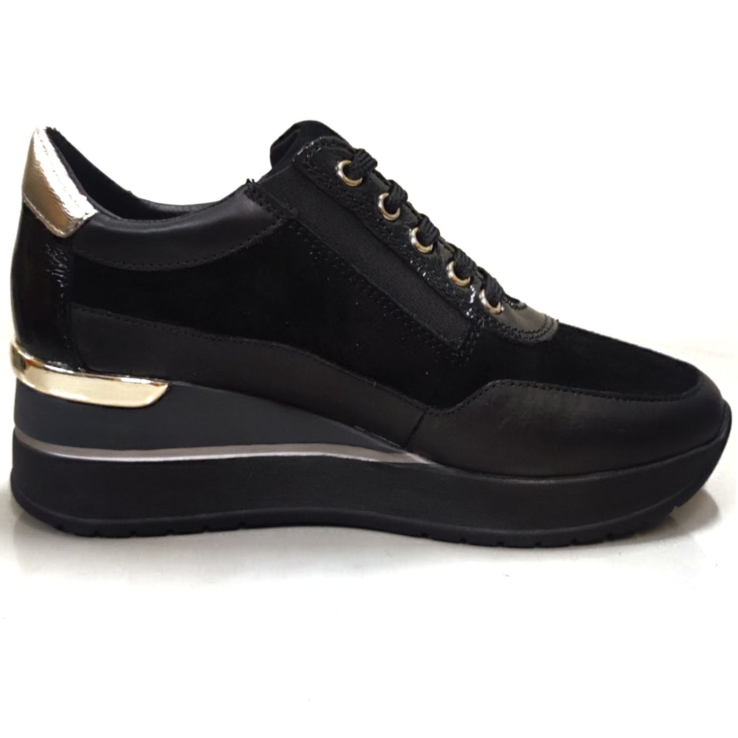 Sneakers Donna Cinzia Soft IV2522440 Nero, Lacci e Zip, Vera Pelle, Pelle Scamosciata Nabuk, dettagli oro