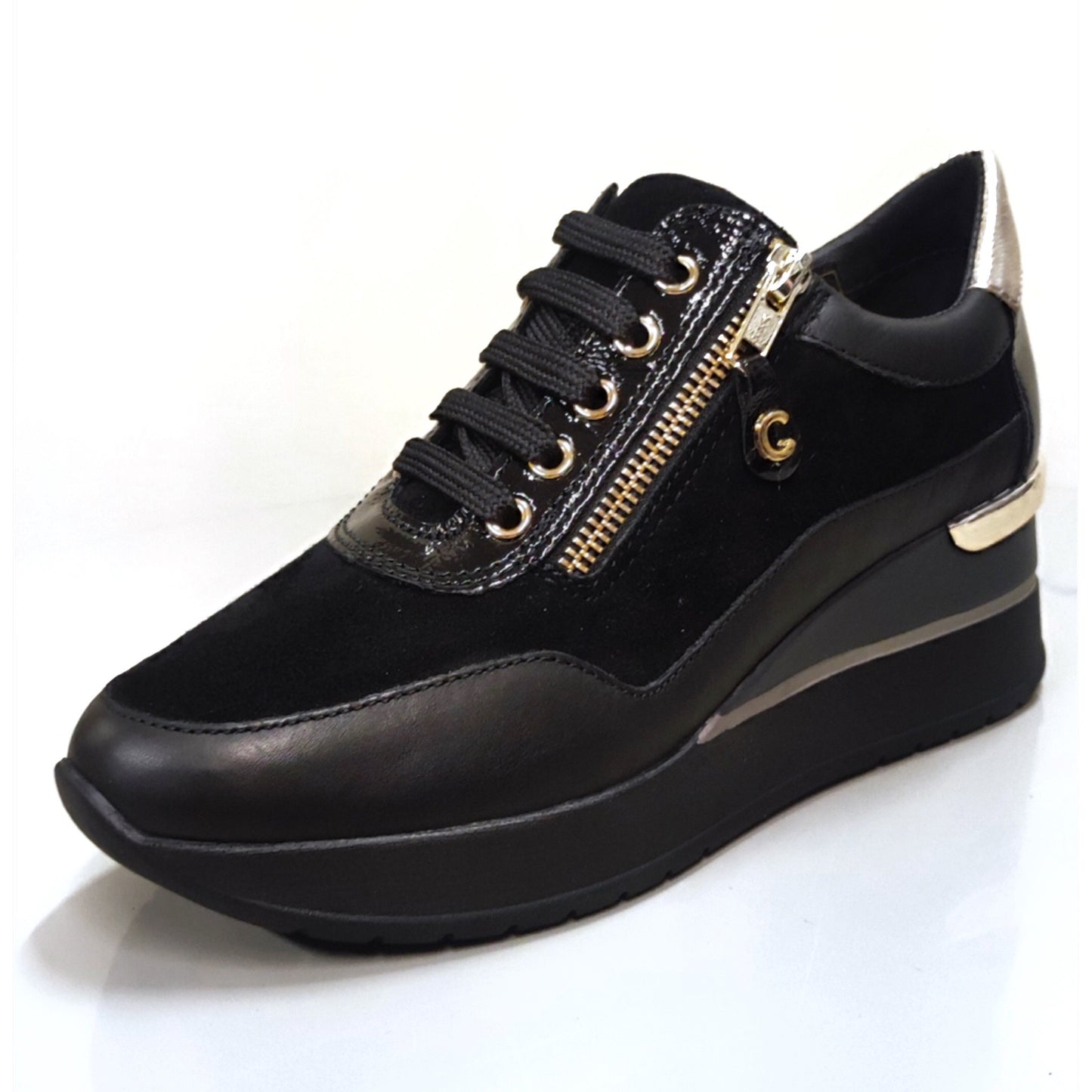 Sneakers Donna Cinzia Soft IV2522440 Nero, Lacci e Zip, Vera Pelle, Pelle Scamosciata Nabuk, dettagli oro