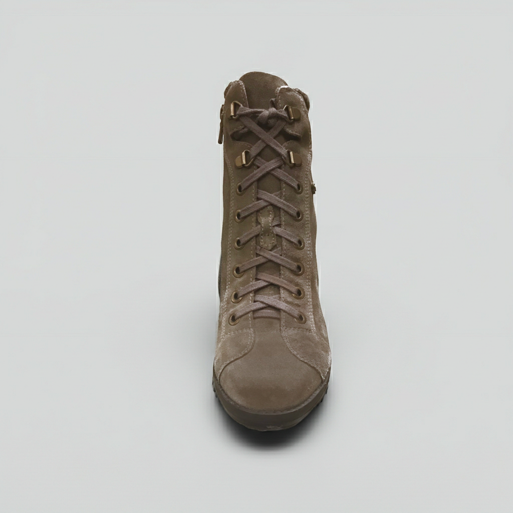 Stivaletti Donna NeroGiardini A207822D - Tacco 8 cm con Plateau, Cerniera Laterale, Lacci, Vera Pelle Scamosciata, Color Verdegris Tortora - Numero 37
