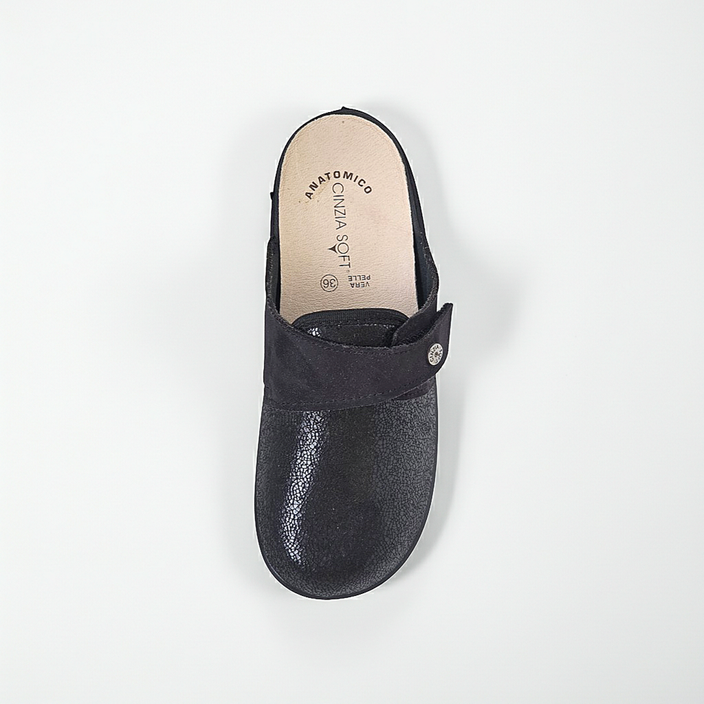 Cinzia Soft NC3335M, Pantofole Donna in Vera Pelle, Nero, con Strappo e Plantare Estraibile