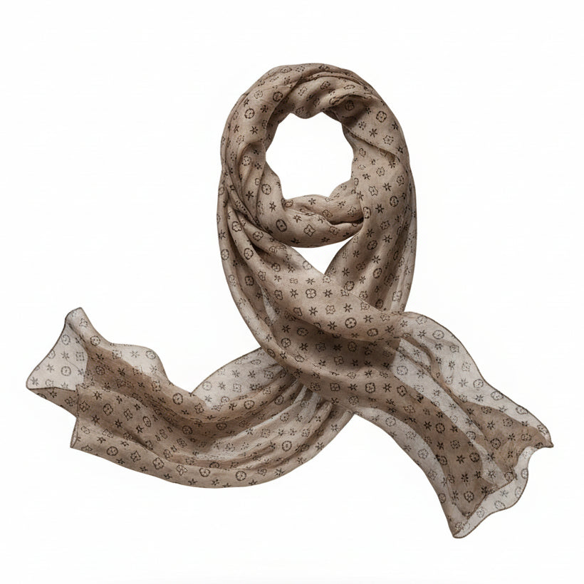 Sciarpa Leggera Foulard Beige con stampe marrone, Cotone