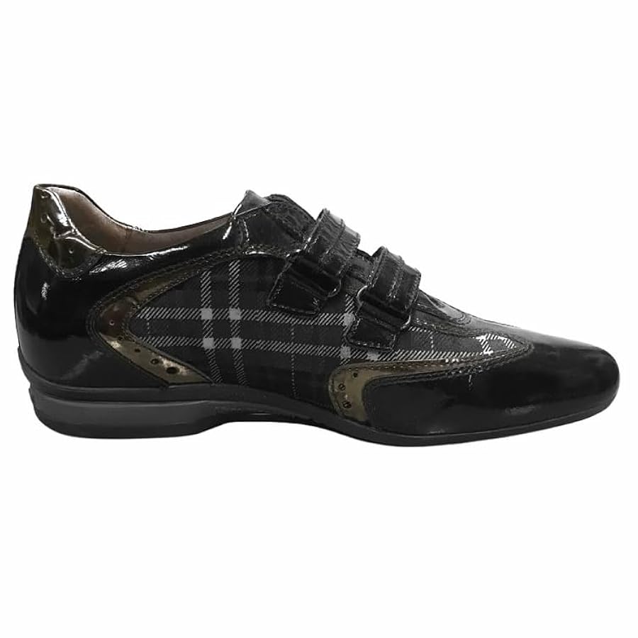 Sneaker Donna NeroGiardini A900902, Doppio Strappo, Vera Pelle Scamosciata, Stampa scozzese, Naplak vernice lucida, Nero