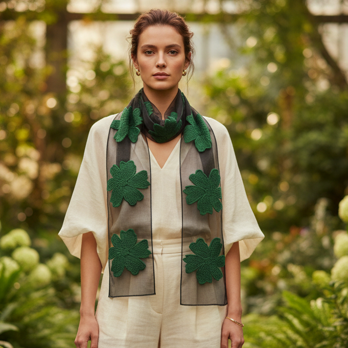 Foulard Nero Sciarpa Leggera in Organza con fiori verdi ricamati