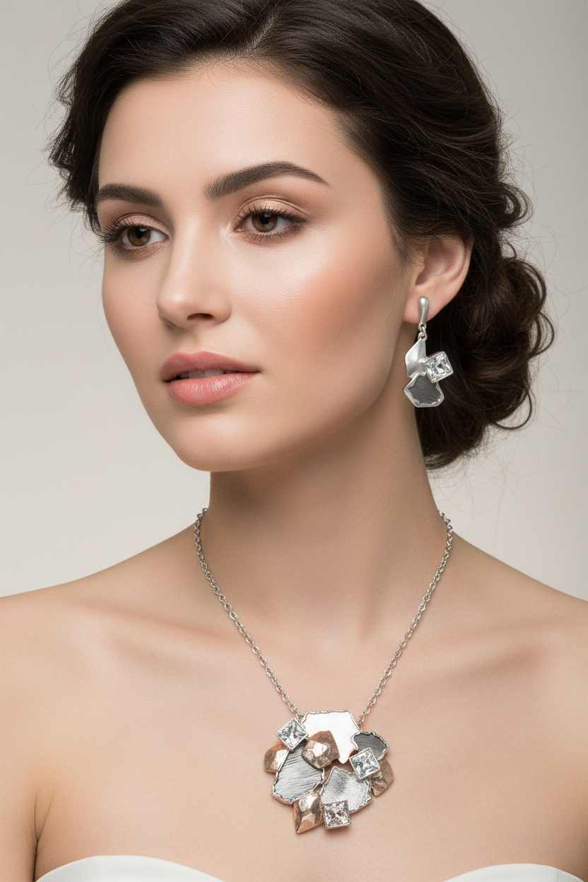 Set Coordinato collana e orecchini Donna Argento e Oro Rosa con Brillanti incastonati
