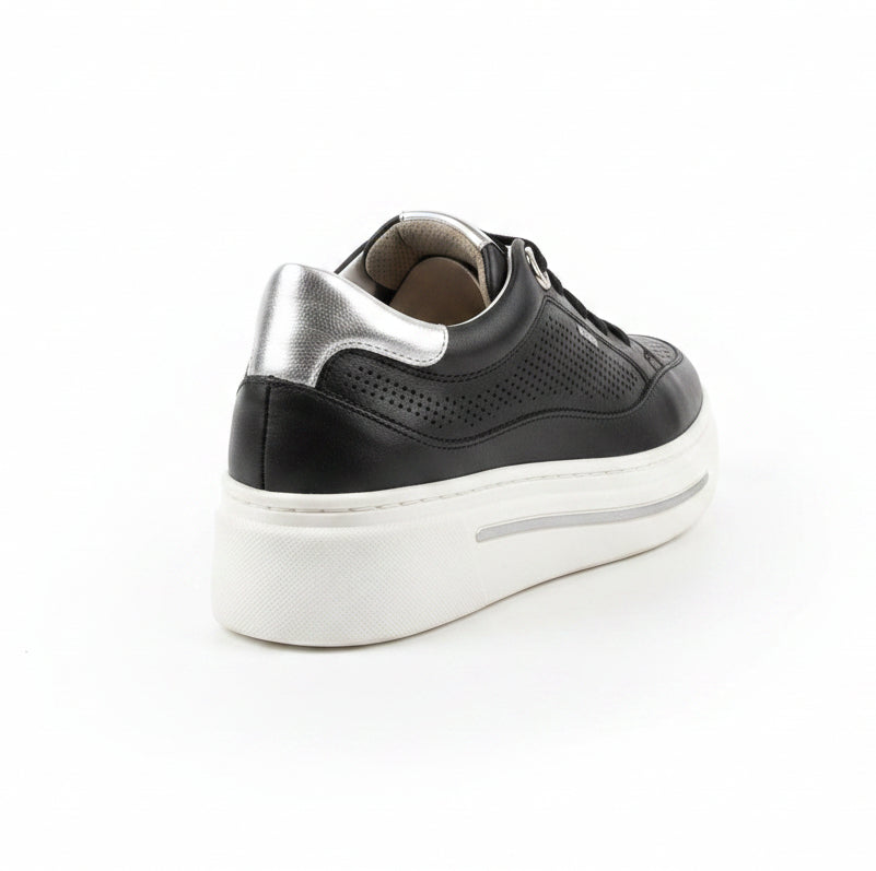 Sneakers Donna Cinzia Soft, Plantare Estraibile, Vera Pelle Nero Argento Platform IV1019258