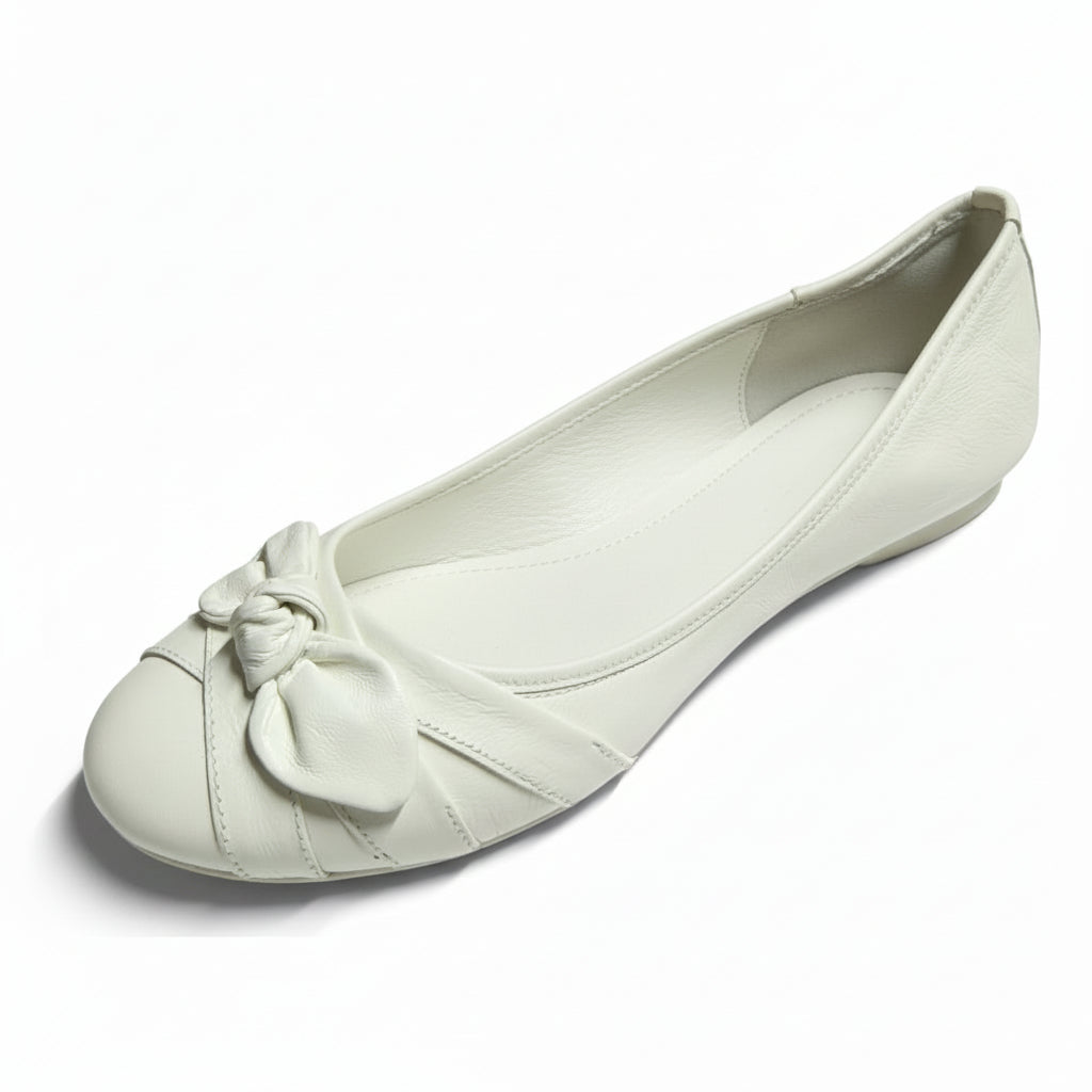 NeroGiardini Ballerine P000356 in Vera Pelle, Bianco Latte, Fiocco Decorativo