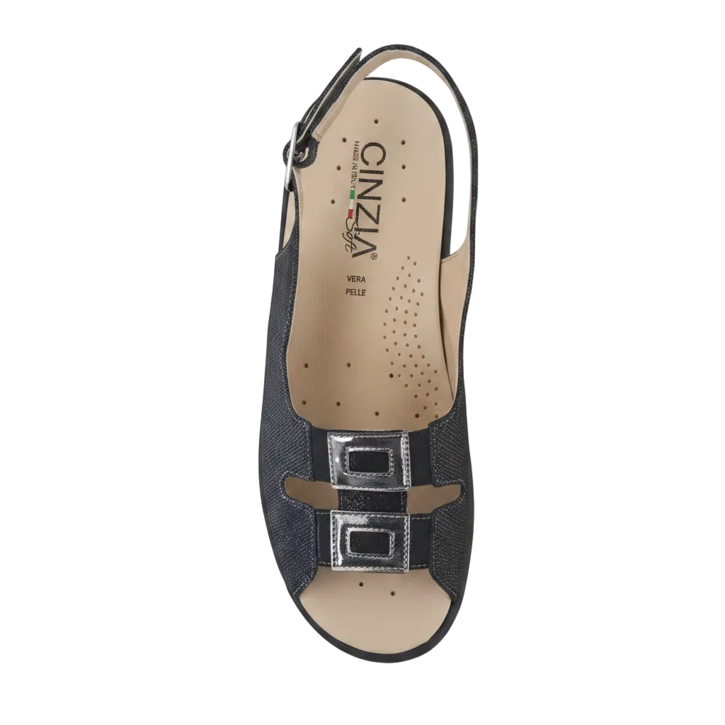Sandali Cinzia Soft Donna Vera Pelle Nero, Plantare Estraibile, Elastici e Fibbia, Zeppa bassa