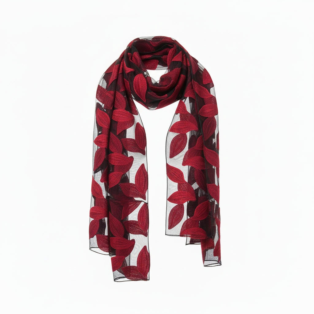 Foulard Nero Sciarpa Leggera in Organza con foglie rosse ricamate