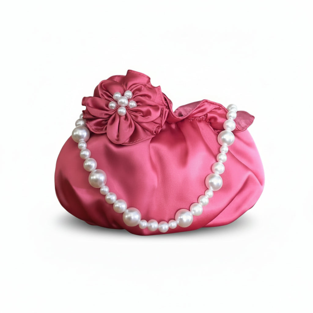Pochette Elegante da Cerimonia, Donna, Raso Rosa, Manico di Perle, Fiore tridimensionale
