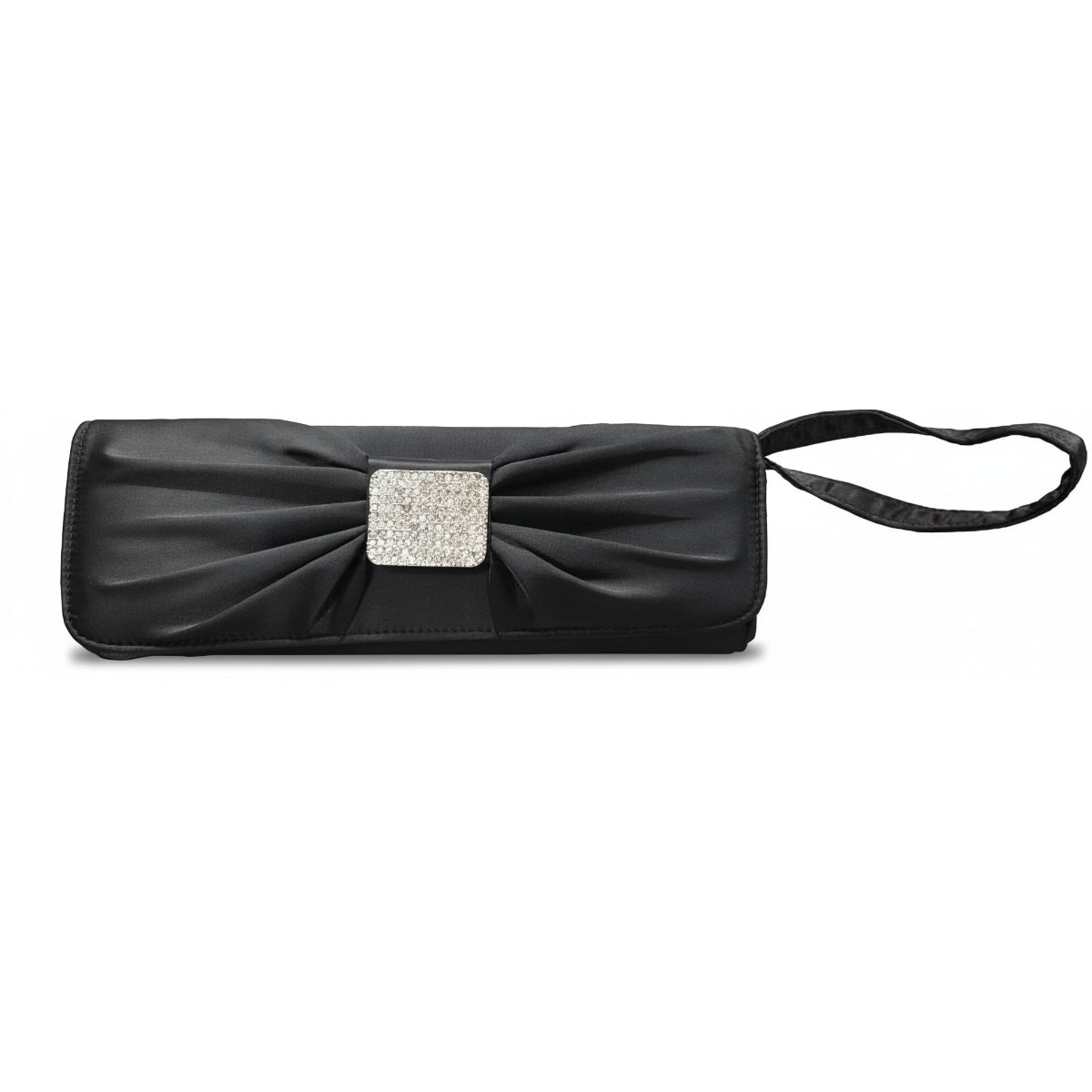 Pochette da sera elegante, Raso Nero, con Fiocco drappeggiato, Decorazione Strass, Clutch Cerimonia