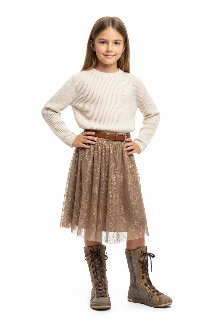 Stivali Nero Giardini Junior Vera Pelle, Beige e Oro, Laccio Marrone in Raso, 36126