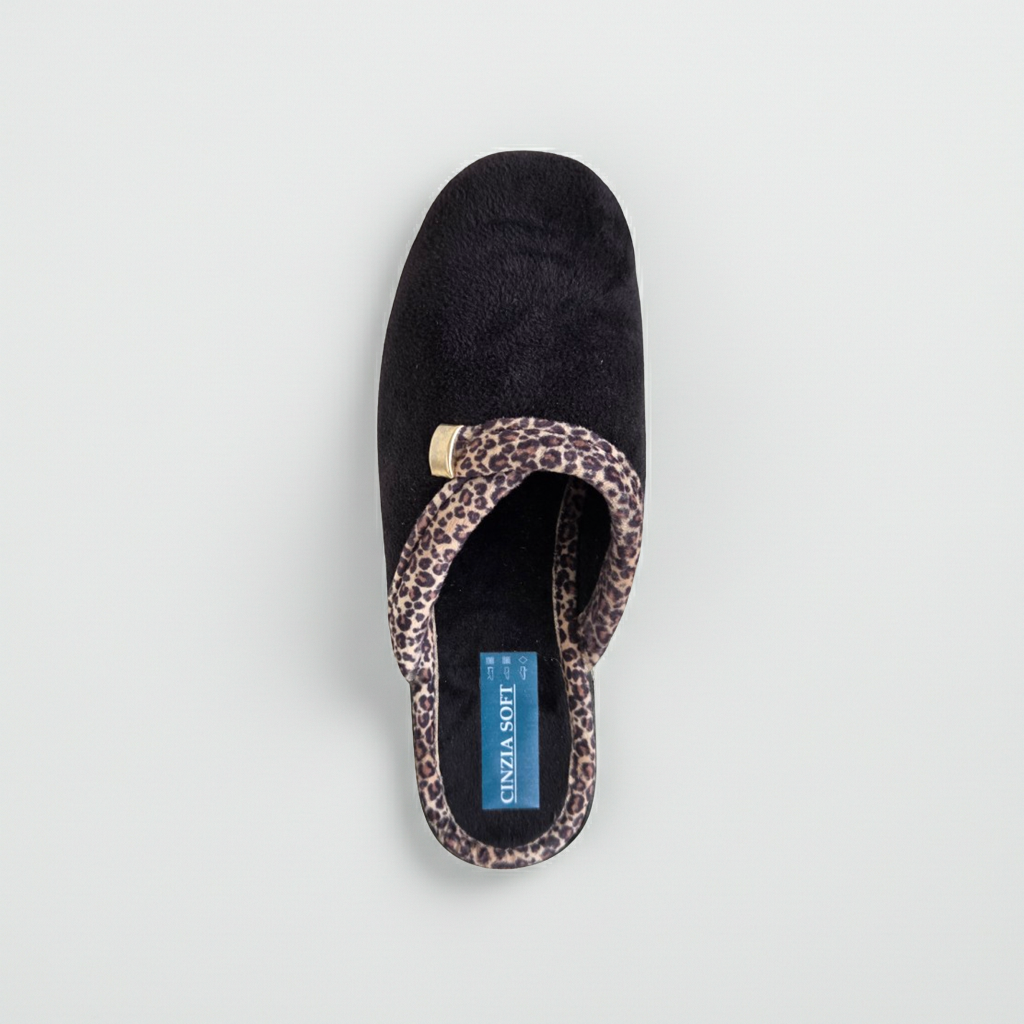 Cinzia Soft, IEA3506, Ciabatte Pantofole Donna in Velour Nero con Bordo Leopardato, Comfort