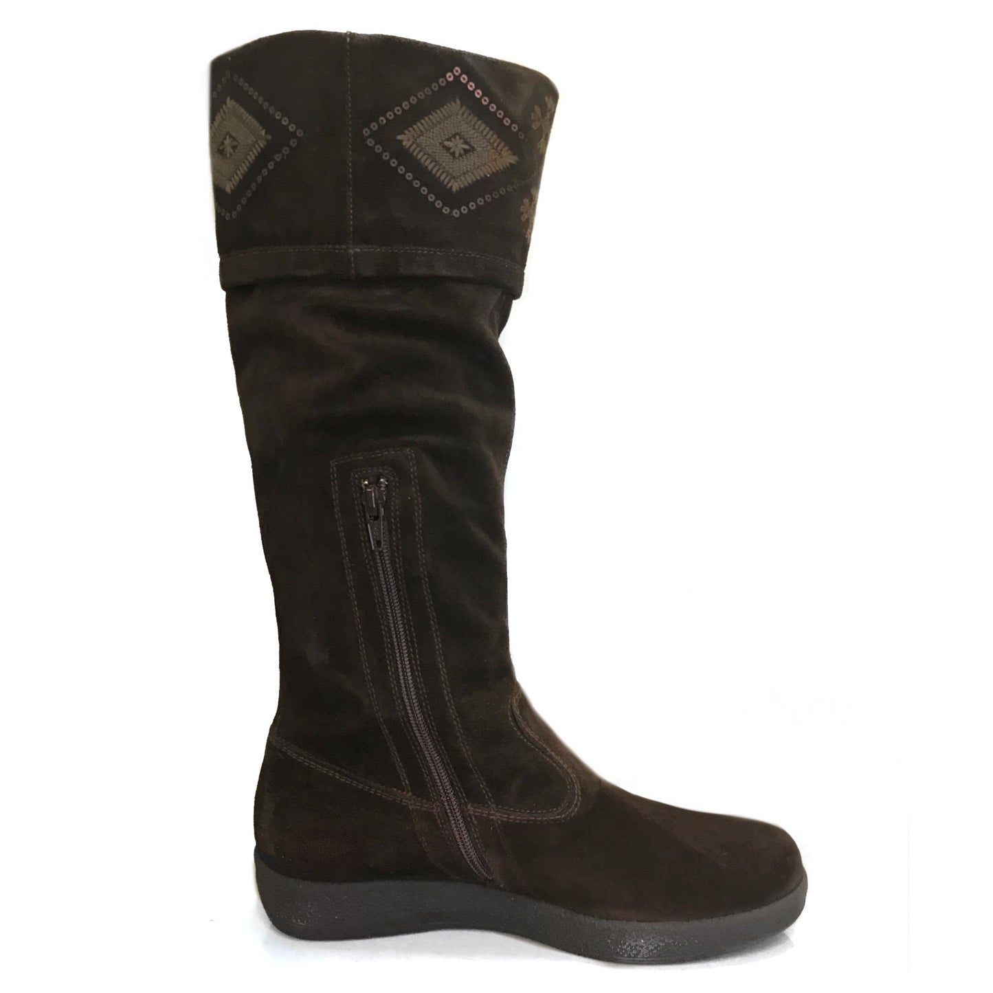 Stivali morbidi Donna NeroGiardini 00992 Vera Pelle Scamosciata, Fondo basso Gomma, Ricamo, Cerniera Zip - Color Marrone Testa di Moro