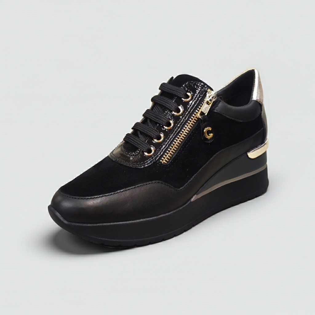 Sneakers Donna Cinzia Soft IV2522440 Nero, Lacci e Zip, Vera Pelle, Pelle Scamosciata Nabuk, dettagli oro