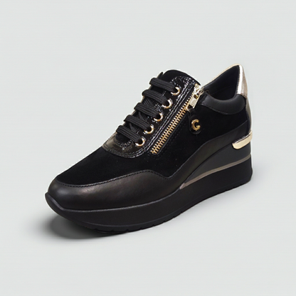 Sneakers Donna Cinzia Soft IV2522440 Nero, Lacci e Zip, Vera Pelle, Pelle Scamosciata Nabuk, dettagli oro