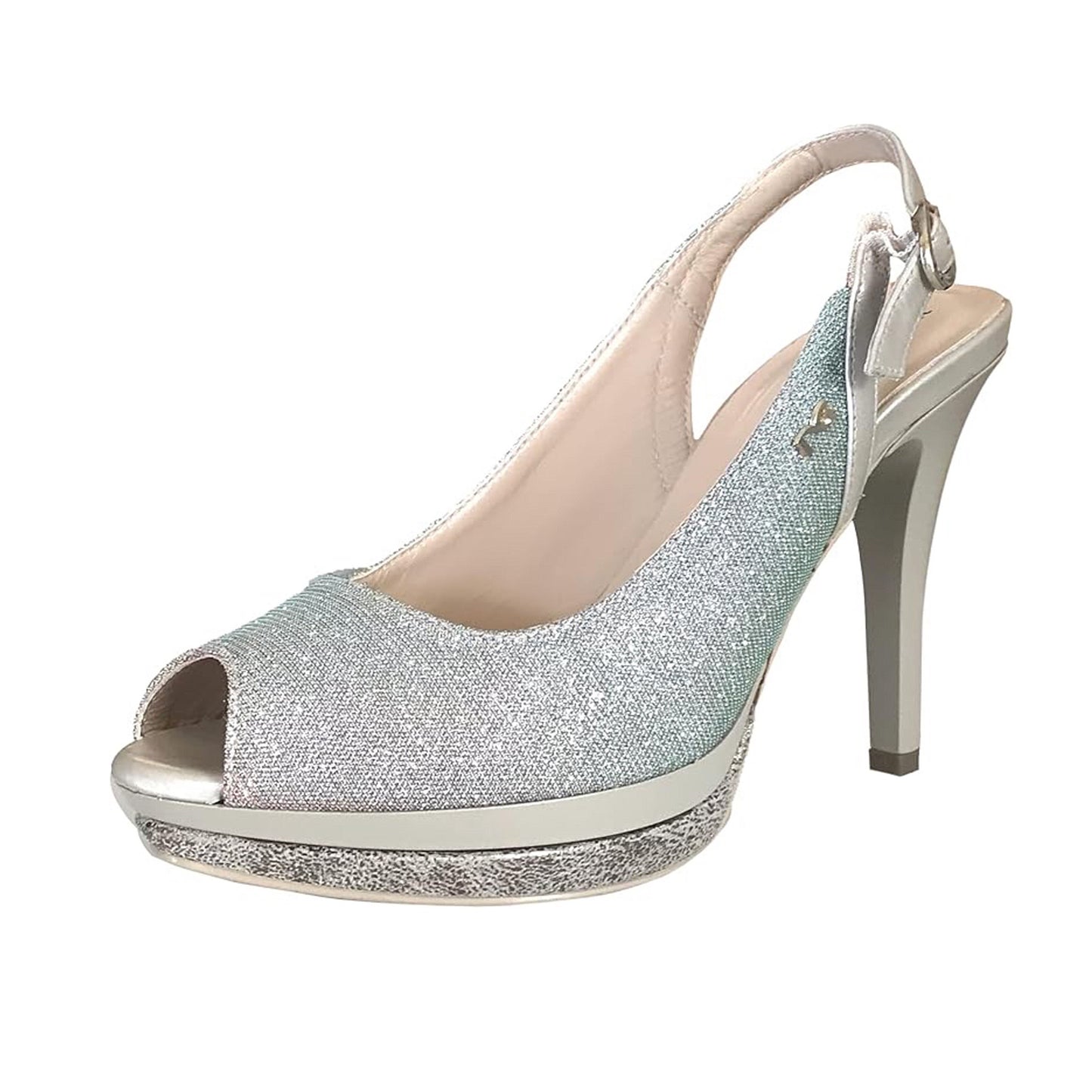 Sandali Donna NeroGiardini P717412DE Vera Pelle Savana e Tessuto Glitter Argento cangiante