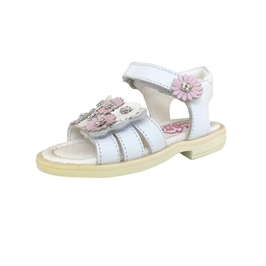 Sandali Bambina Primigi in Vera Pelle, Bianco con Applicazioni di Fiori Rosa e Bianchi, Chiusura a Strappo