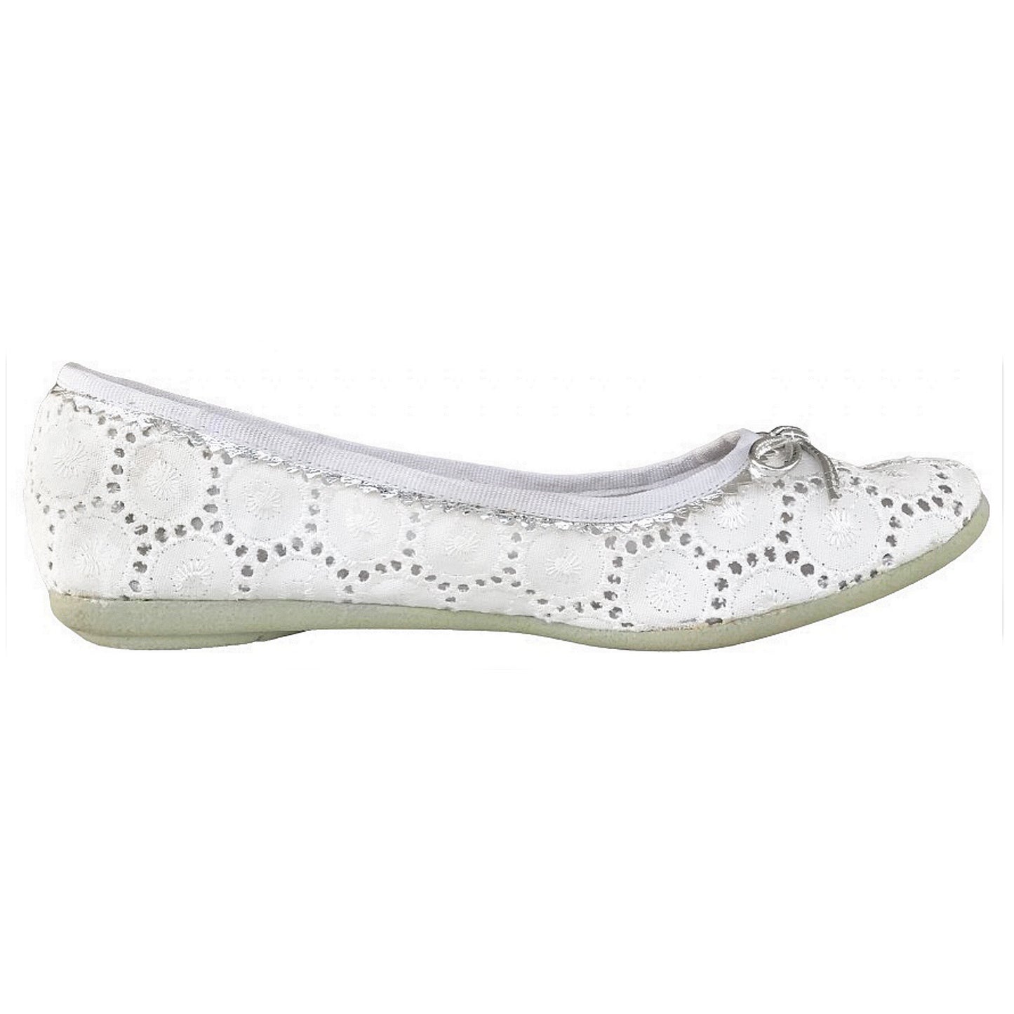 N.O.D. Ballerine in Pizzo Bianco con Fiocco Argento, Vera Pelle, Suola in Gomma