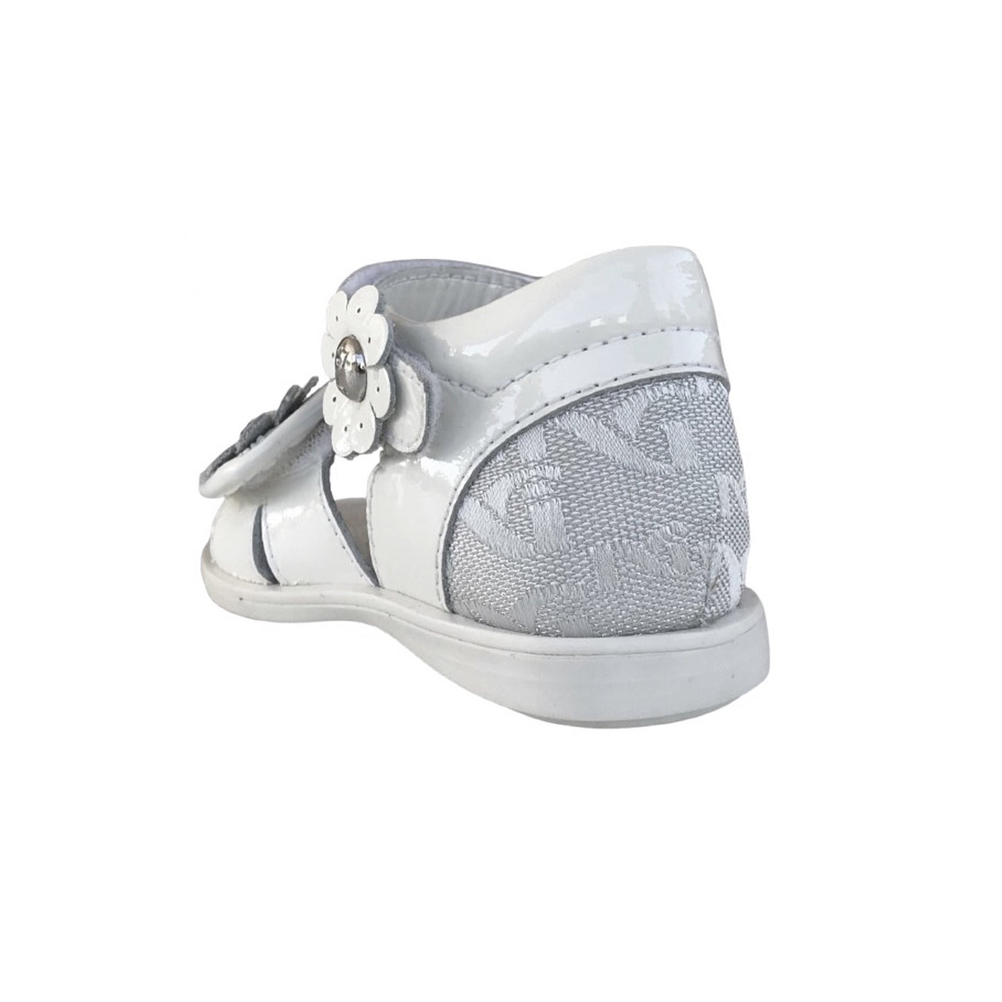 Sandali Bambina NeroGiardini Vera Pelle Naplak, Tessuto Argento Jaquard Monogram, Decorazione Floreale