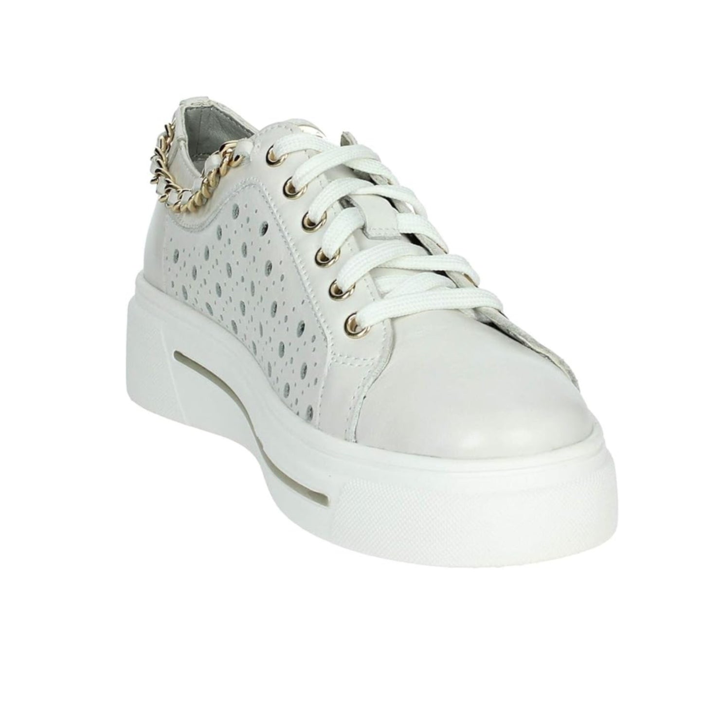 Sneakers Donna Bianche Cinzia Soft in Pelle Traforata con Plantare Estraibile, catena oro, platform IV1021472 - 003