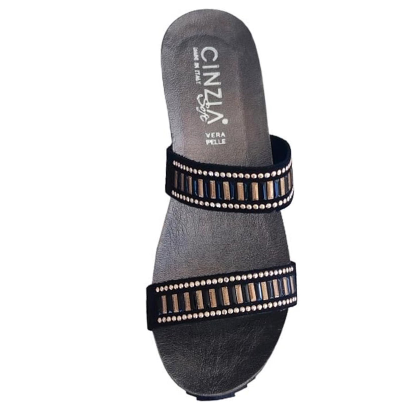 Ciabatte con zeppa Donna CinziaSoft 332 Nero con due fasce e decorazioni oro rosa