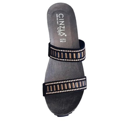 Ciabatte con zeppa Donna CinziaSoft 332 Nero con due fasce e decorazioni oro rosa