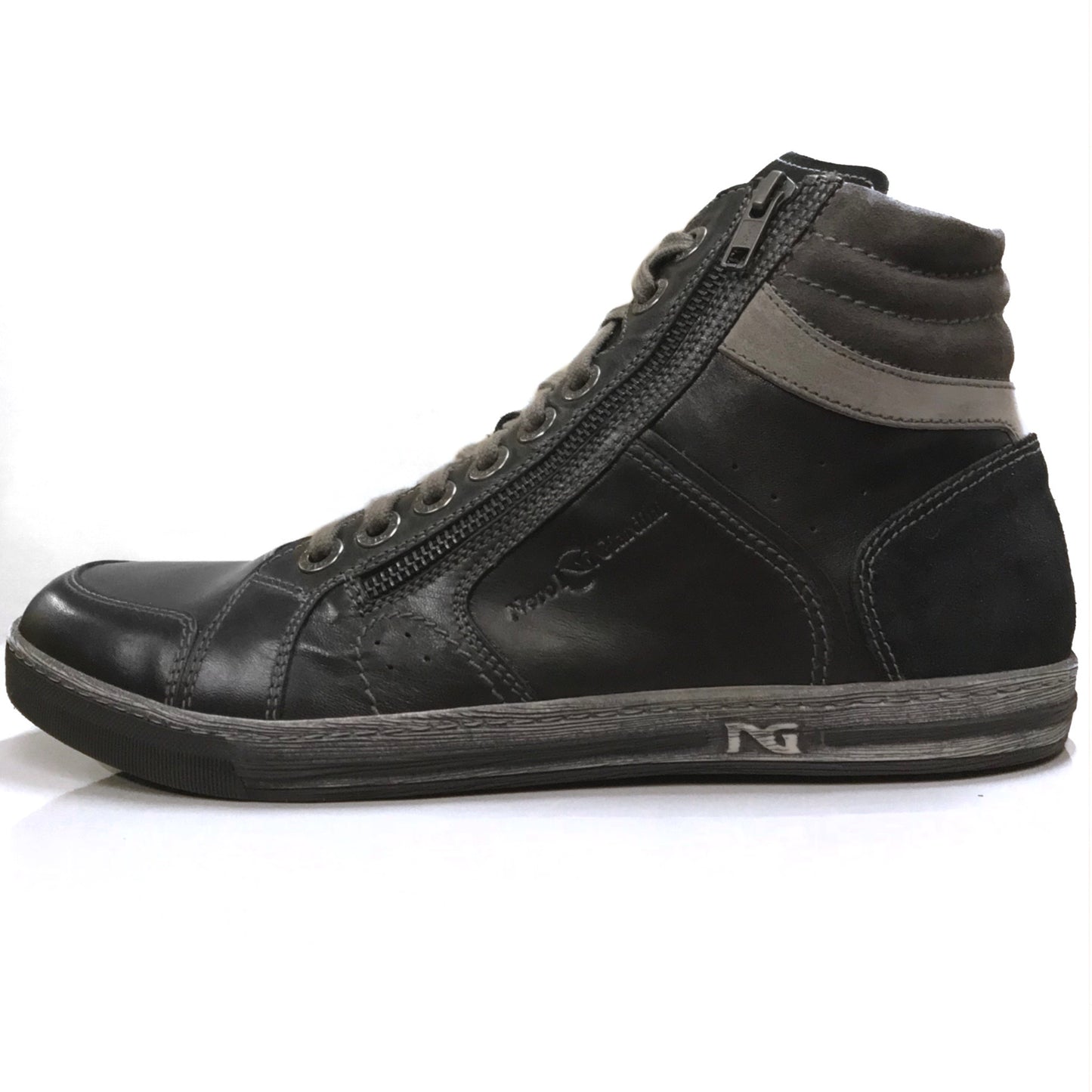 Sneakers Uomo NeroGiardini A201501U in Vera Pelle, Nero, Asfalto, Grigio con chiusura zip e lacci - Numero 43