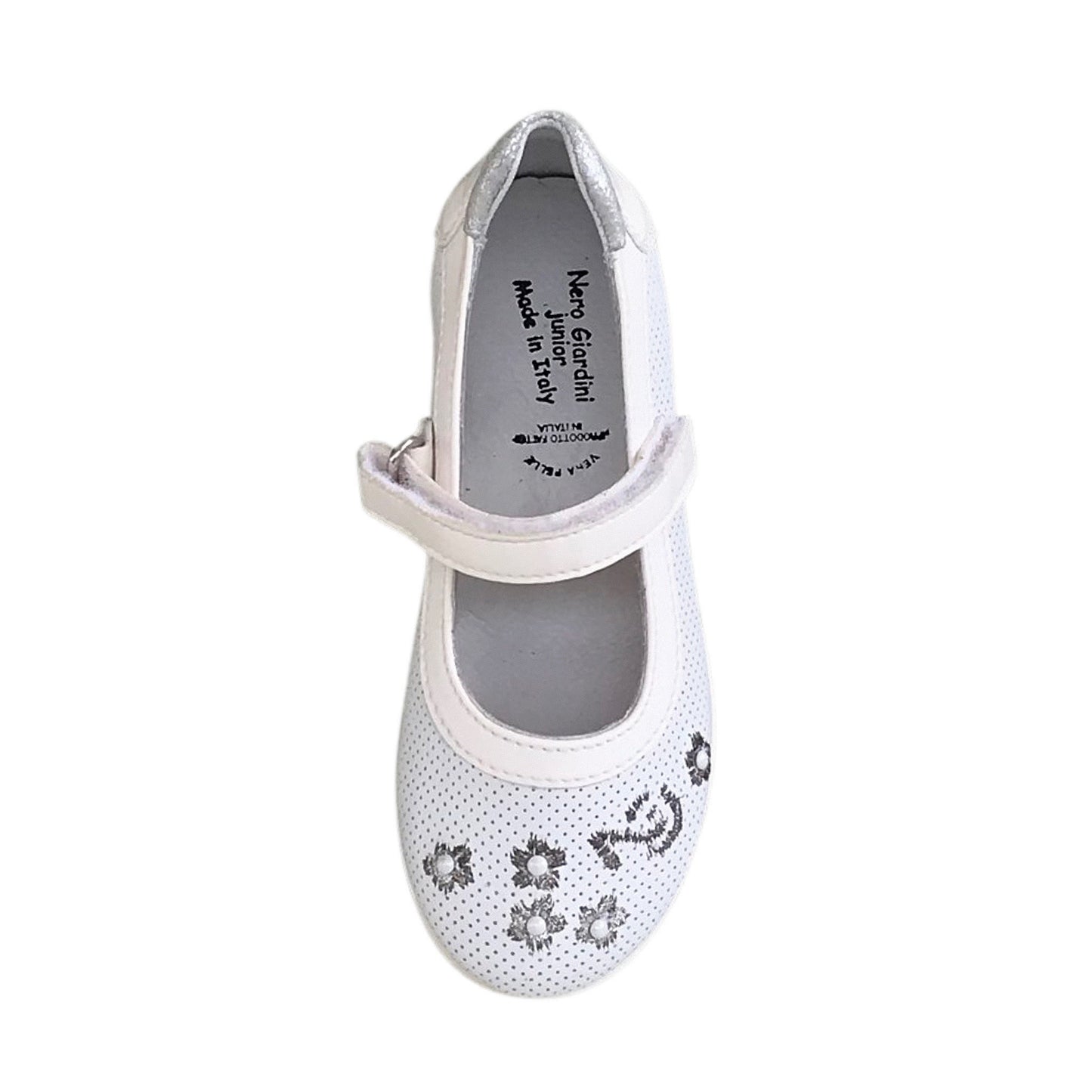 Ballerine con cinturino NeroGiardini P732181 Nappa Bianco Ricami argento